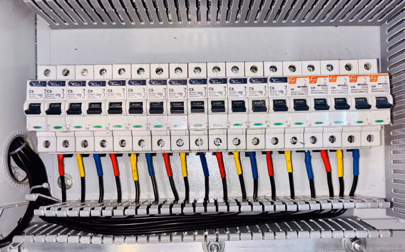 Close-up of an organized circuit breaker panel featuring color-coded electrical wiring.
